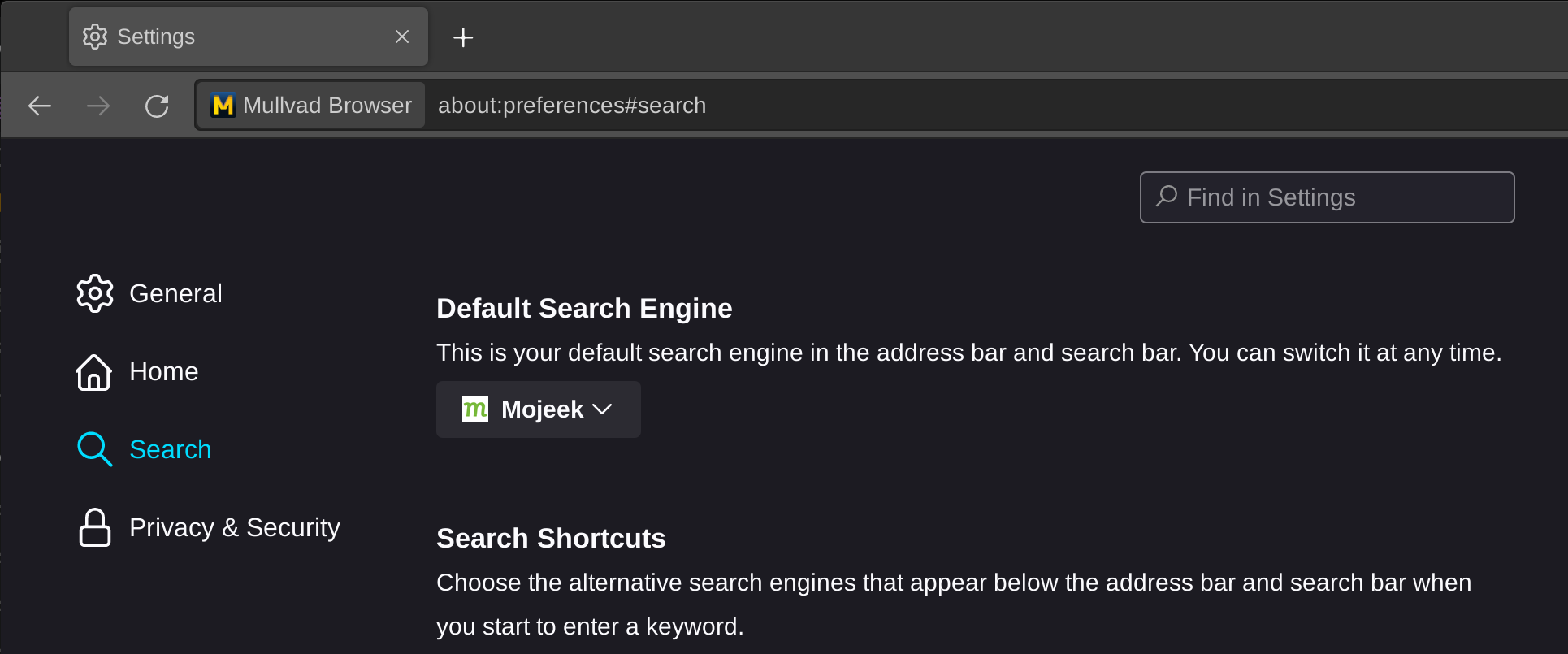 Mojeek selected as the Default Search Engine on Mullvad Browser